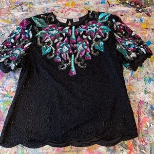 ViNtAgE SILK Laurence Kazar Beaded Teal & Pink  Sequins Floral Lillies Top L